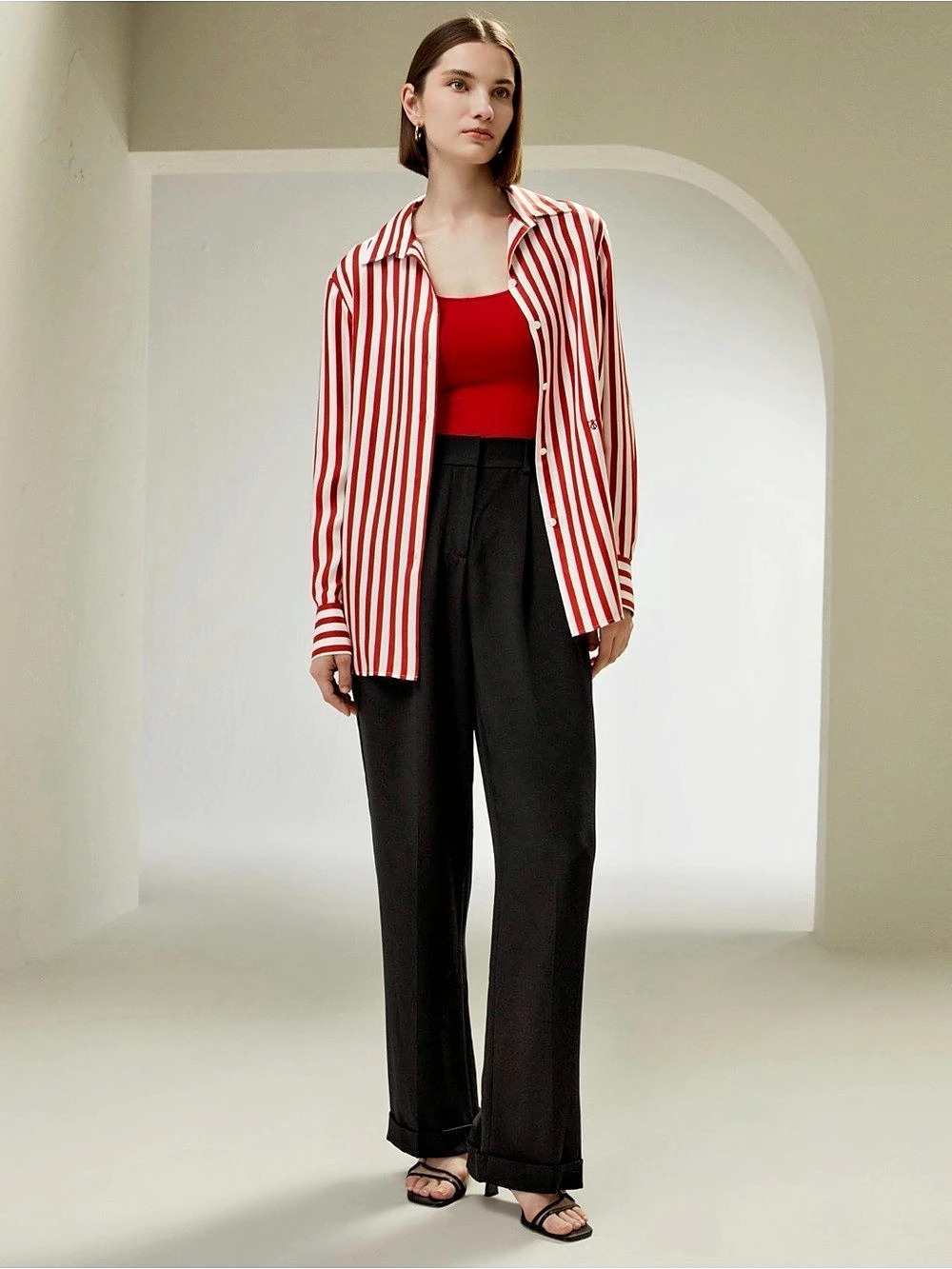 LilySilk Amalfi Stripe Silk Shirt Redu & White Size Large - Picture 7 of 10